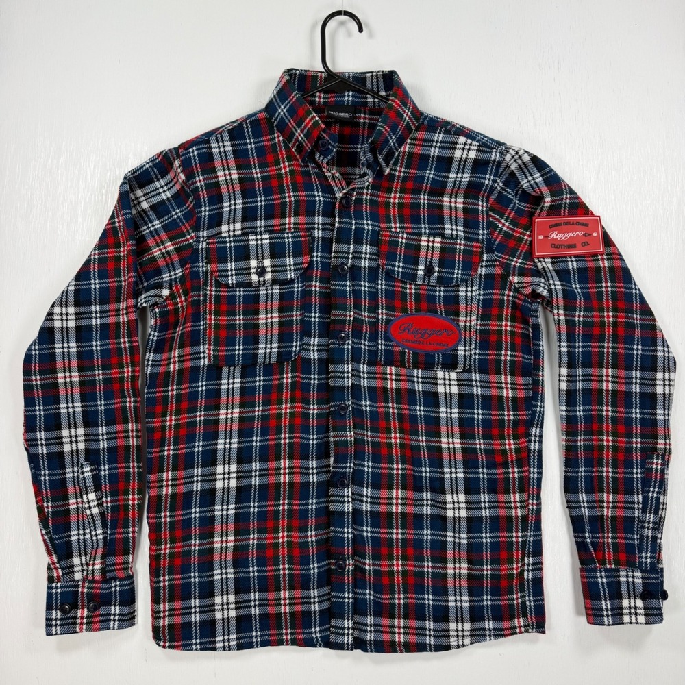 Ruggero Crème de la Crème Flannel Jacket Men's S Plaid Embroidered Back